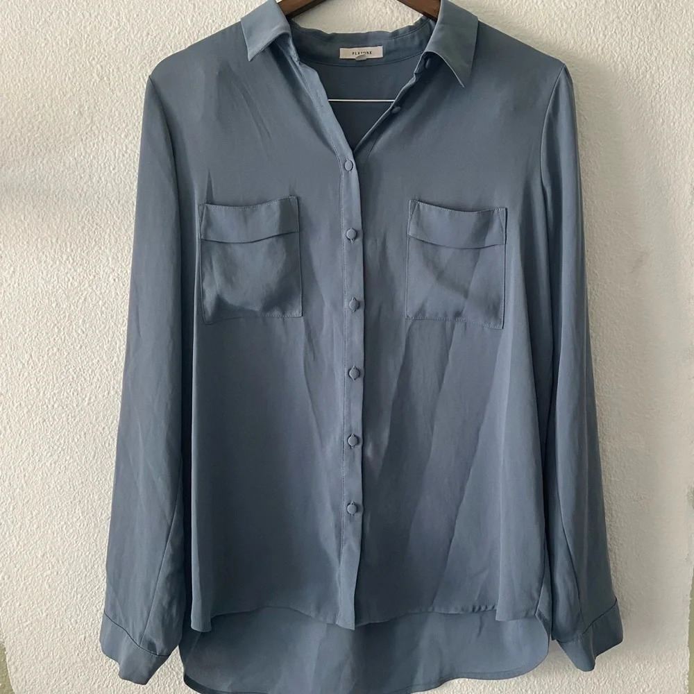 Anthropologie Pleione Blue Utility Blouse Button Up Quiet Luxury Minimalist M - Picture 9 of 11